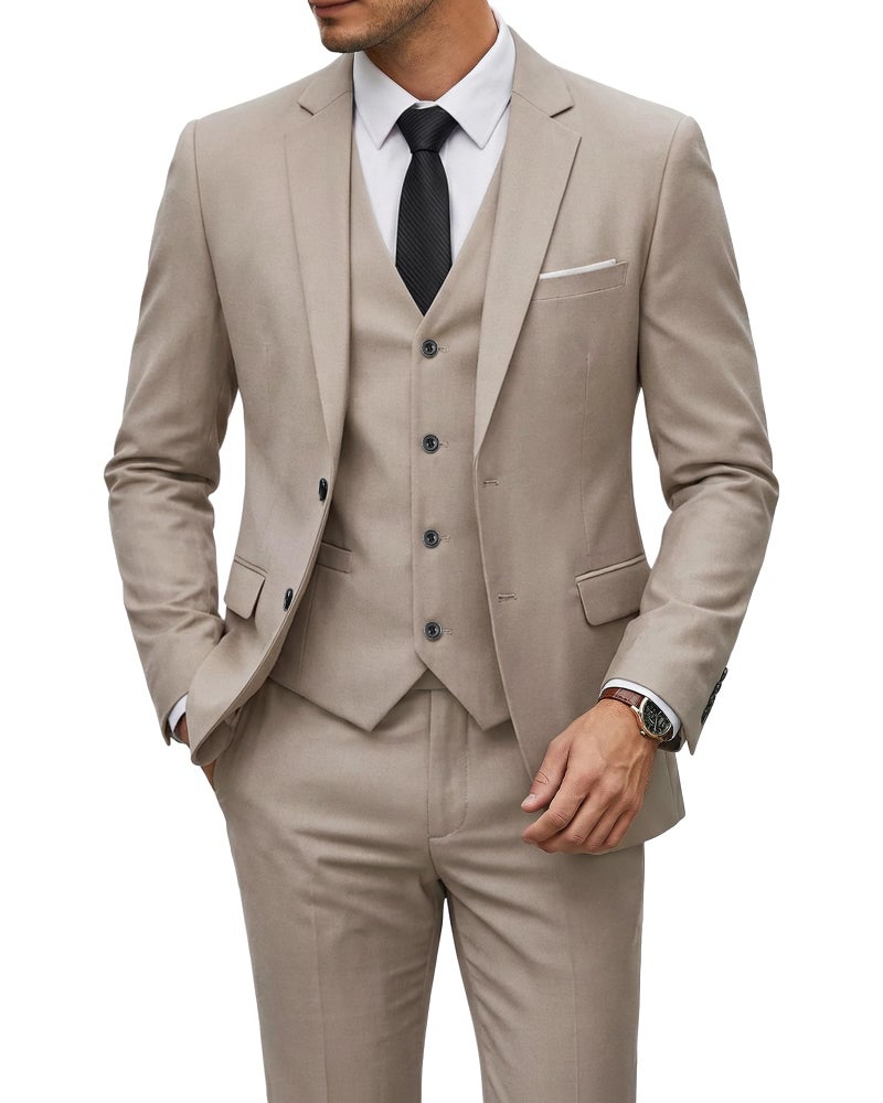 MrSure Men's 3 Piece Suit Blazer, Slim Fit Tux with 2 Button, Jacket Vest Pants & Tie Set for Party, Wedding and Business Beige - Image 1